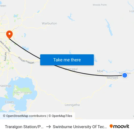 Traralgon Station/Princes St to Swinburne University Of Technology - Wantirna Campus map