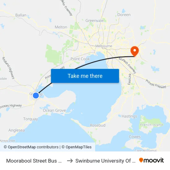Moorabool Street Bus Stops/Moorabool St to Swinburne University Of Technology - Wantirna Campus map