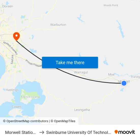 Morwell Station/Princes Dr to Swinburne University Of Technology - Wantirna Campus map