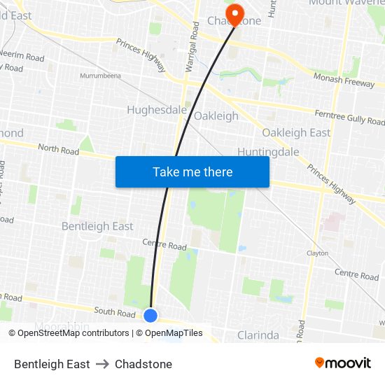 Bentleigh East to Chadstone map