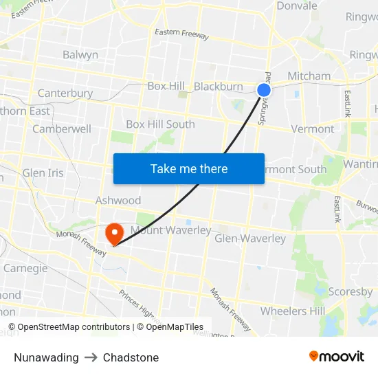 Nunawading to Chadstone map