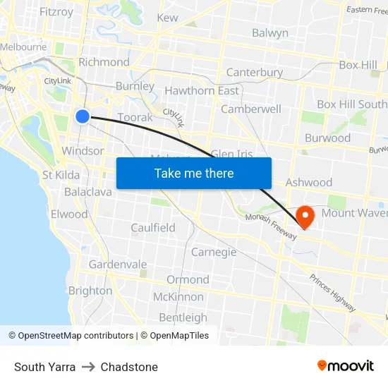 South Yarra to Chadstone map