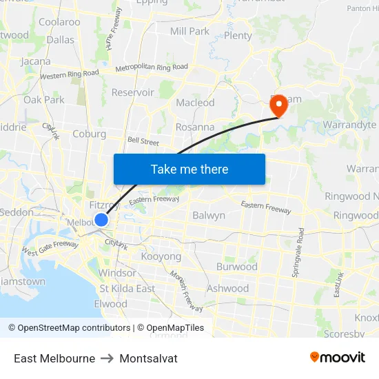 East Melbourne to Montsalvat map
