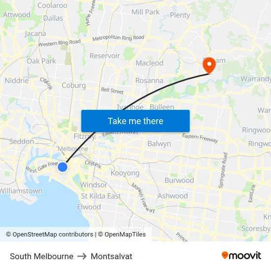 South Melbourne to Montsalvat map