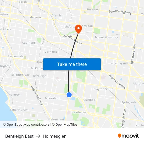 Bentleigh East to Holmesglen map