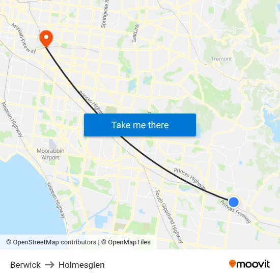 Berwick to Holmesglen map