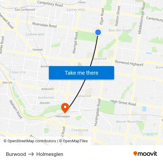 Burwood to Holmesglen map