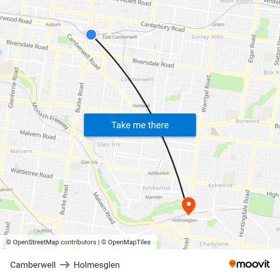 Camberwell to Holmesglen map