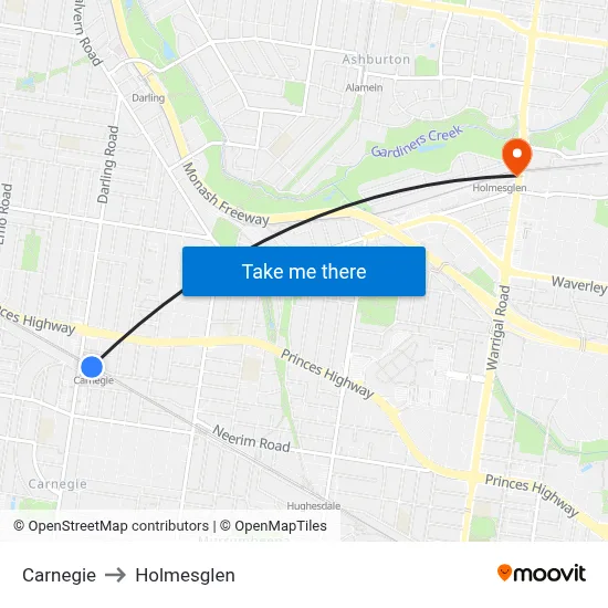 Carnegie to Holmesglen map