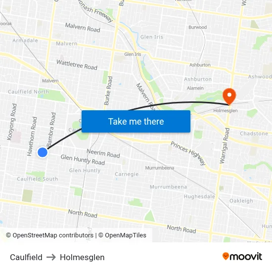 Caulfield to Holmesglen map