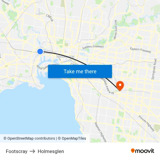 Footscray to Holmesglen map