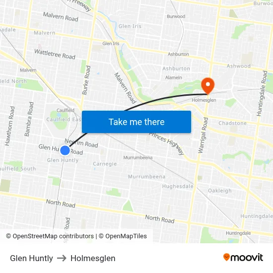 Glen Huntly to Holmesglen map