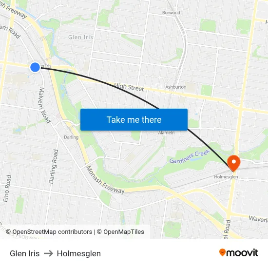 Glen Iris to Holmesglen map