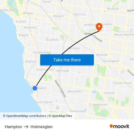 Hampton to Holmesglen map
