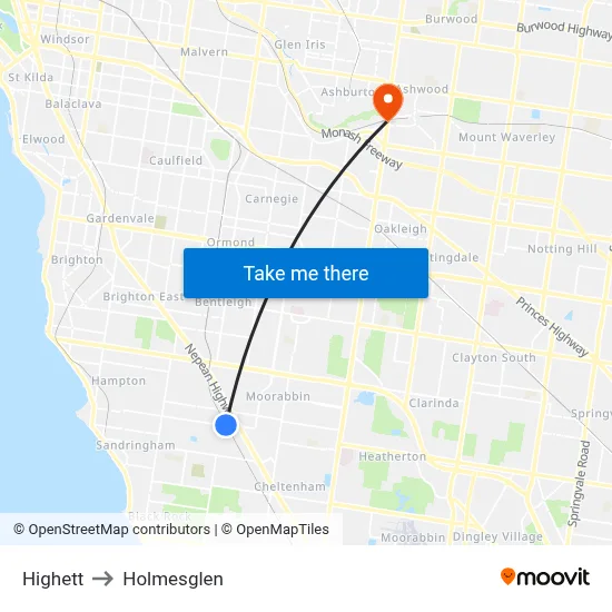 Highett to Holmesglen map
