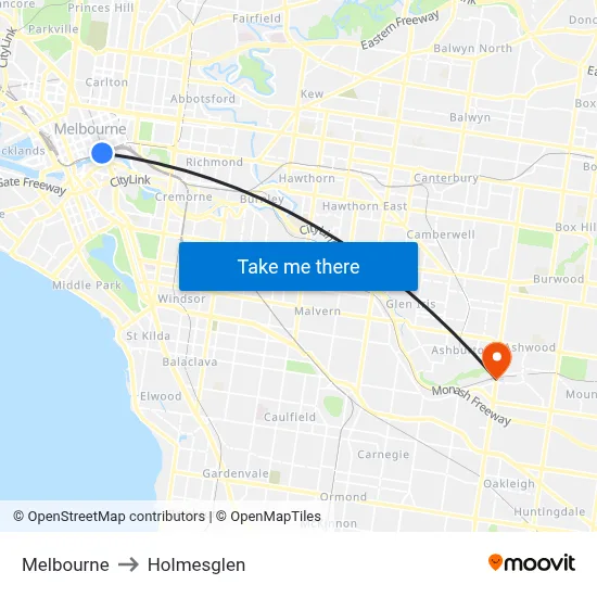 Melbourne to Holmesglen map