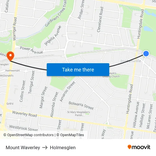Mount Waverley to Holmesglen map