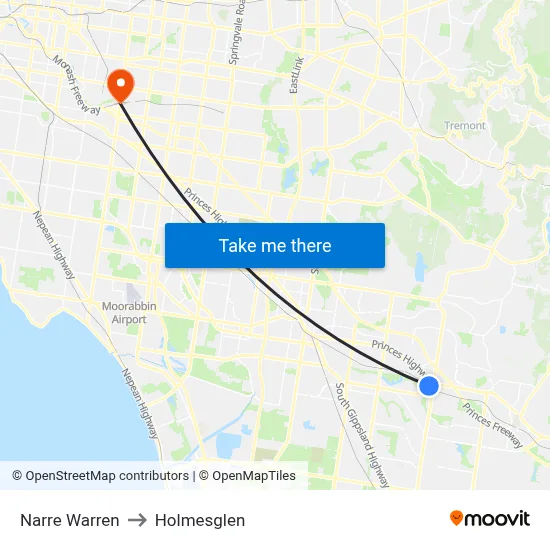 Narre Warren to Holmesglen map