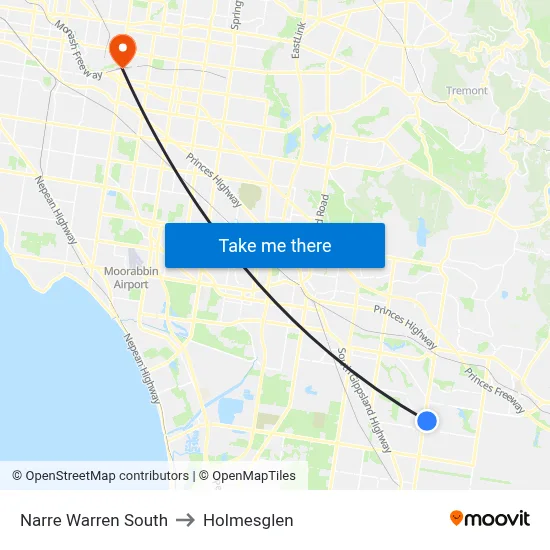 Narre Warren South to Holmesglen map