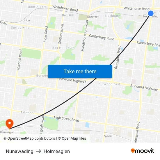 Nunawading to Holmesglen map
