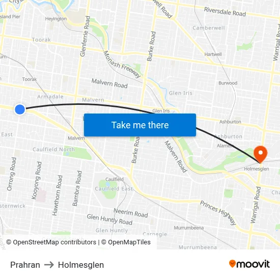 Prahran to Holmesglen map
