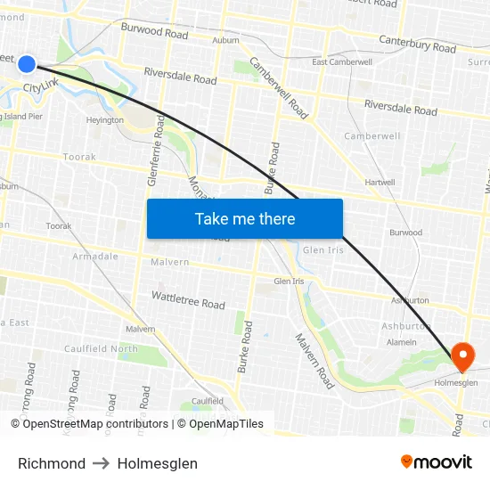 Richmond to Holmesglen map