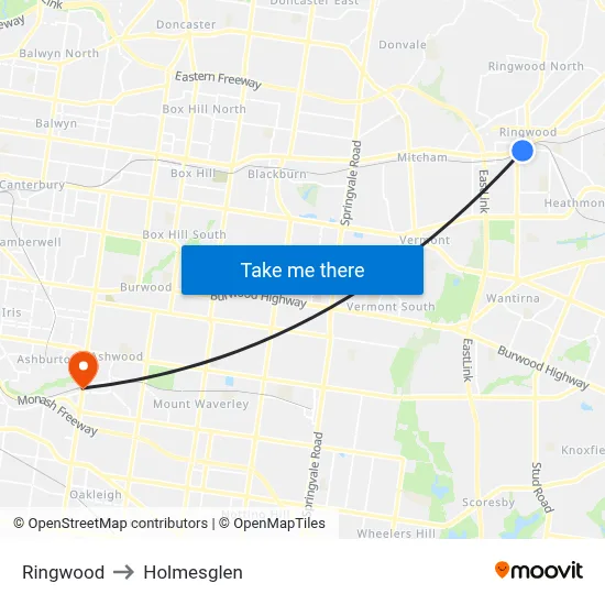 Ringwood to Holmesglen map