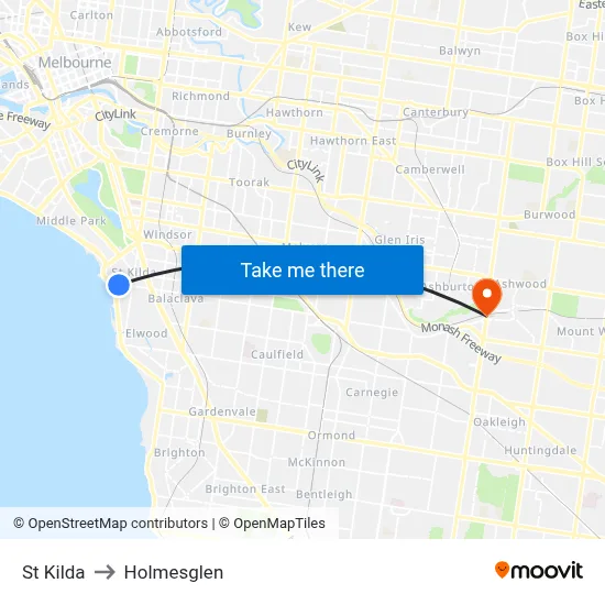St Kilda to Holmesglen map