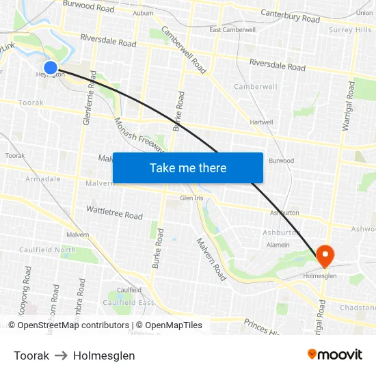 Toorak to Holmesglen map