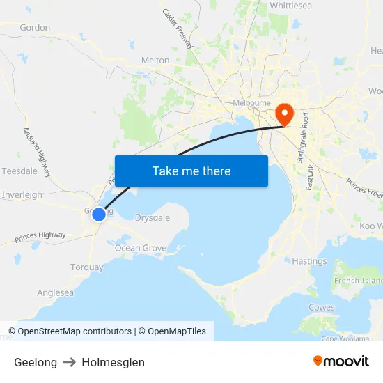 Geelong to Holmesglen map