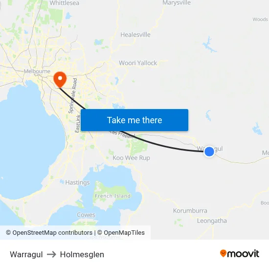 Warragul to Holmesglen map