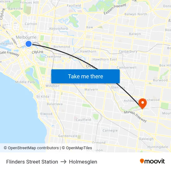 Flinders Street Station to Holmesglen map