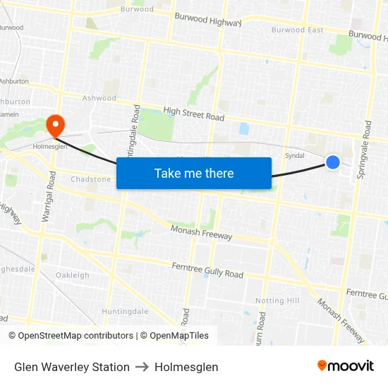 Glen Waverley Station to Holmesglen map