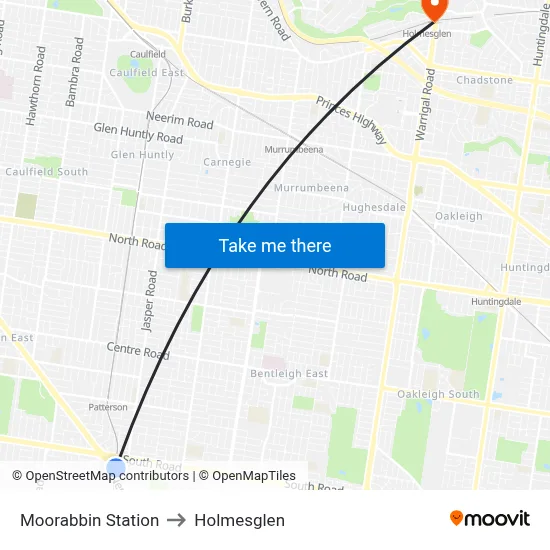 Moorabbin Station to Holmesglen map