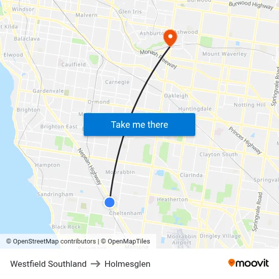 Westfield Southland to Holmesglen map
