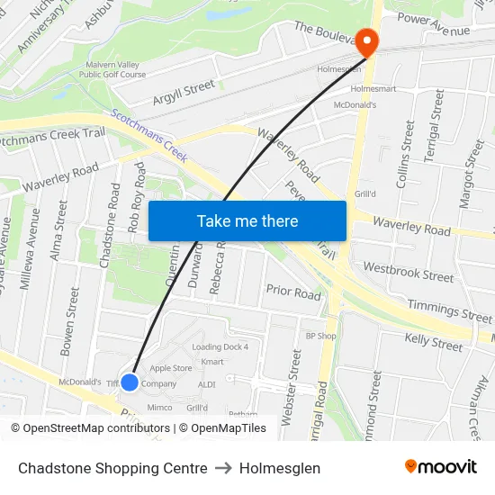 Chadstone Shopping Centre to Holmesglen map
