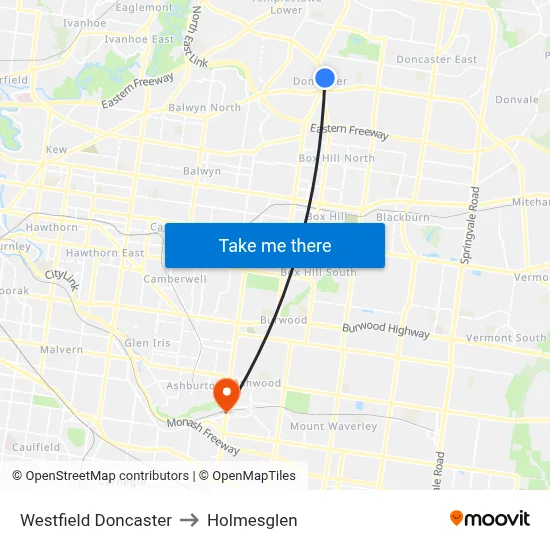 Westfield Doncaster to Holmesglen map