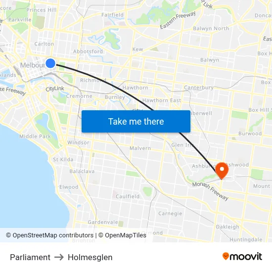 Parliament to Holmesglen map
