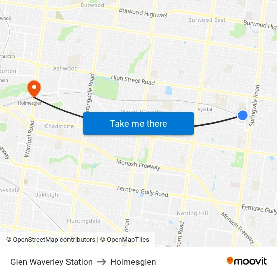 Glen Waverley Bus Interchange to Holmesglen map