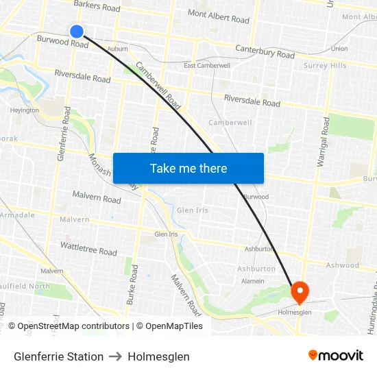 Glenferrie Station to Holmesglen map