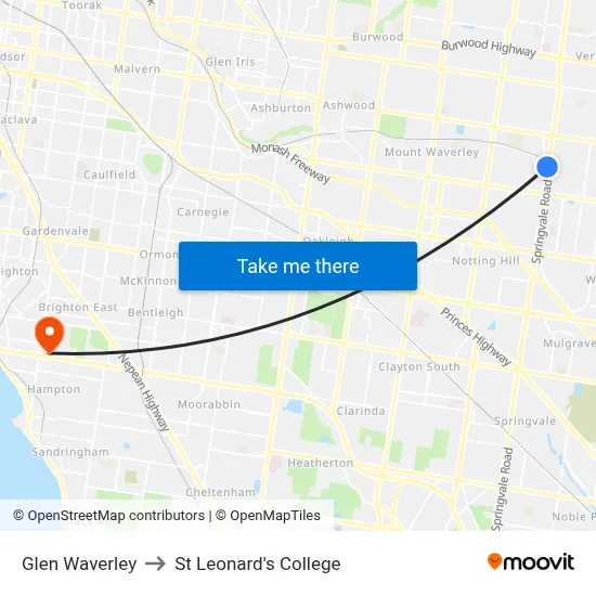 Glen Waverley to St Leonard's College map