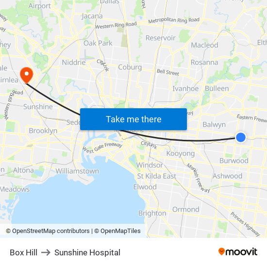 Box Hill to Sunshine Hospital map