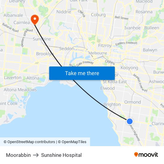 Moorabbin to Sunshine Hospital map