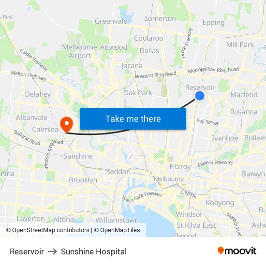 Reservoir to Sunshine Hospital map