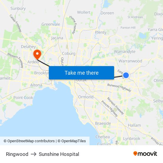 Ringwood to Sunshine Hospital map