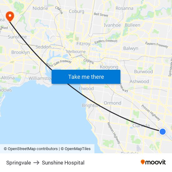 Springvale to Sunshine Hospital map