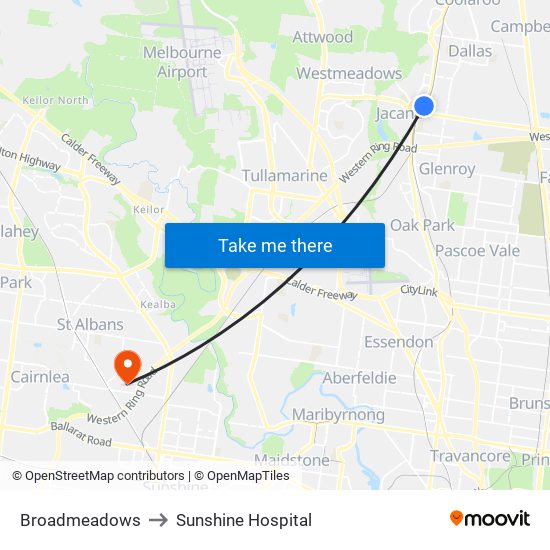 Broadmeadows to Sunshine Hospital map