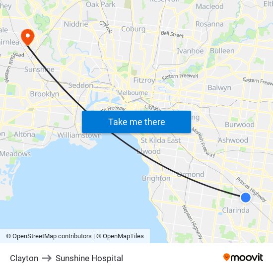 Clayton to Sunshine Hospital map