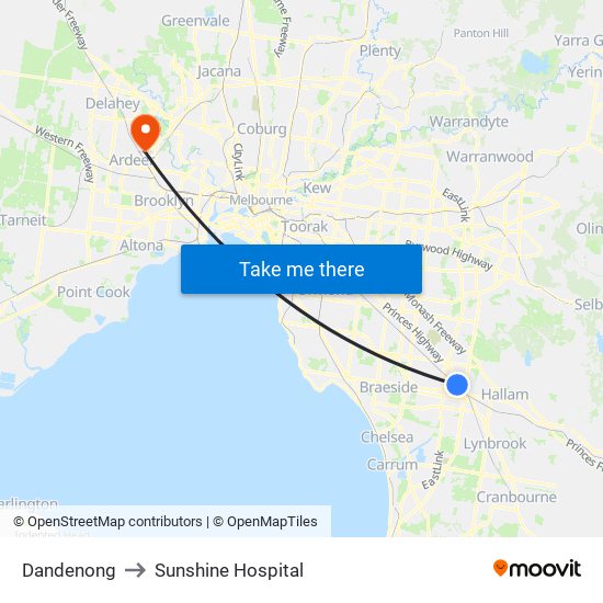 Dandenong to Sunshine Hospital map