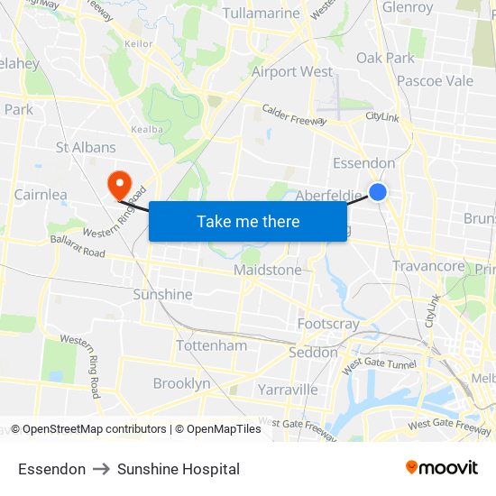 Essendon to Sunshine Hospital map